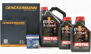 Zestaw produktów samochodowych: olej silnikowy Motul 8100 X-clean SAE 5W-40 i filtry Denckermann.