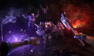Gracz z toporem walczy z hordą zombie w mrocznym lesie. To jakby mieć Dying Light 2 trainer w ręku, ale to tylko gra.