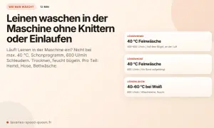 Leinen waschen ohne Einlaufen: Max. 40°C, Schonprogramm, 600 U/min. Trocknen, feucht bügeln. Vermeiden Sie die Nachteile von Leinen durch richtige Pflege.
