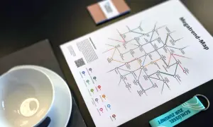 Eine Megatrend-Map zeigt vernetzte Zukunftsthemen wie Digital Health, Longevity und Resilienz. Ein Schlüsselanhänger mit der Aufschrift "Schlüssel zur Zukunft" liegt daneben.