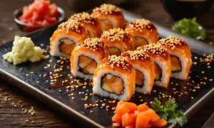Pyszne sushi z pieczonym łososiem, polane sosem teriyaki i posypane sezamem. Obok imbir i wasabi.