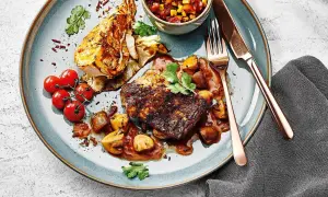 Herzhaftes Gericht mit gebratenem Fleisch, Pilzen, Kohl und Tomaten. Die Sauce verströmt den vollen Geschmack von Umami.