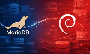 Le logo MariaDB, avec son phoque, est relié par des particules lumineuses au logo Debian. L'image symbolise l'intégration de MariaDB sur Debian.