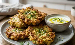 Délicieux beignets de courgette dorés, parsemés d'herbes fraîches, servis avec une sauce crémeuse.