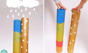 Kinder basteln Regenmacher aus Papprollen. Bunte Farben und kleine Nägel erwecken die Instrumente zum Leben.
