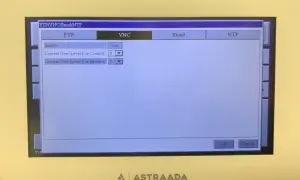 Ekran konfiguracyjny astraada hmi z opcjami VNC, FTP, Email, NTP. Włączono VNC, ustawiono poziomy dostępu.