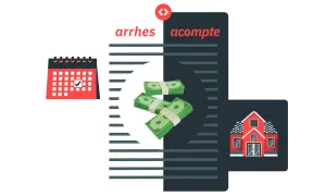 Illustration expliquant la différence entre arrhes et acompte pour une location saisonnière : calendrier, billets de banque et maison.