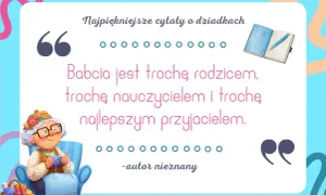 Urocza babcia dzierga na drutach, a obok koszyk z włóczką. Idealne cytaty do albumu dla dziadków, które podkreślają jej wyjątkową rolę.