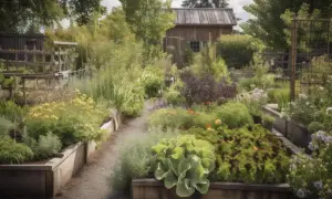 Ein üppiger Garten mit Hochbeeten, in denen Blumenkohl und andere Pflanzen als gute Nachbarn gedeihen. Ein Weg führt durch das grüne Paradies.