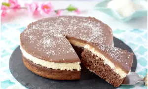 Deliziosa torta cocco e cioccolato con una fetta servita, cosparsa di cocco grattugiato.