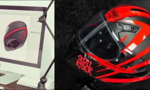 Projektowanie oklejania kasku motocyklowego z czerwono-czarnym wzorem. Gotowy kask Shoei z grafiką "Skull Rider" i "ApexClan Custom".
