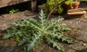 Wasserstrahl auf eine Distel auf Pflastersteinen, um sie zu entfernen. Eine Bürste liegt daneben.