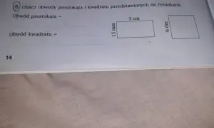 Prostokąt 3 cm x 15 mm i kwadrat 6 dm.