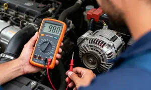 Un mécanicien vérifie le **fonctionnement de l'alternateur** avec un multimètre. Le moteur de la voiture est visible en arrière-plan.