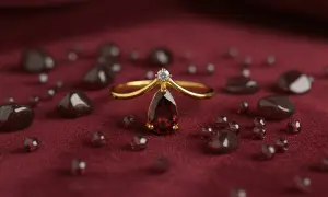 Anillo de oro con una lágrima de piedra enero y un diamante, rodeado de granates sobre tela burdeos.