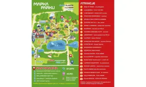 Mapa parku z atrakcjami, w tym kosmiczne ranczo z karuzelami i placami zabaw.