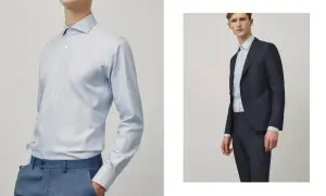 Uomo con camicia azzurra e pantaloni blu, e uomo con completo blu scuro e camicia a righe. Guida su come indossare una camicia da uomo.