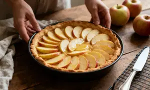Une tarte aux pommes simple, garnie de fines tranches de pommes et d'un glaçage doré, prête à être dégustée.