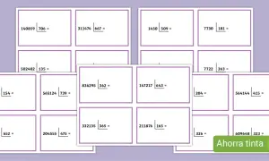 Ejercicios de divisiones para niños de 3 de primaria. Muestran operaciones matemáticas con números grandes y pequeños.