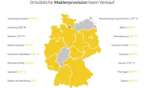 Karte Deutschlands zeigt die ortsübliche Maklerprovision. In NRW beträgt sie 3,57%.