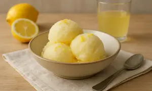 En skål med tre kulor **limoncello sorbet**, garnerad med citronskal. Bredvid finns en halv citron, en hel citron och ett glas med gul vätska.