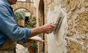 Artigiano applica intonaco minerale su un muro di pietra grezza, con un arco in mattoni sullo sfondo.
