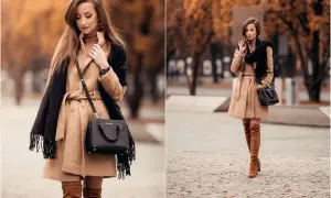 Karmelowe kozaki stylizacje: elegancki płaszcz, czarny szal i torebka tworzą jesienny look.