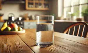 Szklanka wody na drewnianym stole. Czy przed badaniem krwi można pić wodę? Tak, zazwyczaj można pić wodę.
