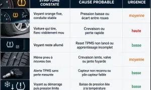 Tableau des symptômes de pression des pneus. Un voyant rouge indique un problème urgent.