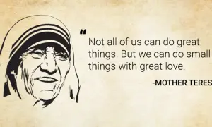 Ilustración de Madre Teresa con una de las 10 mejores frases de Teresa de Calcuta: "No todos podemos hacer grandes cosas. Pero podemos hacer cosas pequeñas con gran amor.