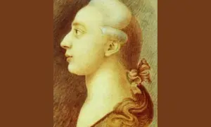 Portret mężczyzny w peruce z kokardą, przypominający słynnego Casanovę, w profilu.