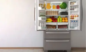 Pełne jedzenia pierwsze uruchomienie lodówki no frost. W środku owoce, warzywa, mięso, napoje i jajka.