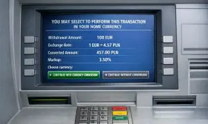 Bankomat pokazuje, że waluta w Niemczech to euro (EUR). Transakcja na 100 EUR zostanie przeliczona na 457 PLN.
