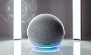 Altavoz esférico gris con anillo de luz azul. Listo para activar Alexa.