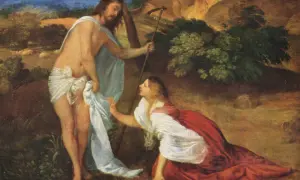 Maria Magdalena, klęcząca u stóp zmartwychwstałego Chrystusa, symbolizuje wiarę i oddanie.