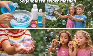 Kinder machen Seifenblasen selber, mischen die Flüssigkeit an und pusten bunte Blasen.