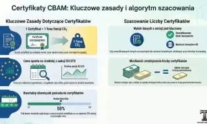 Kluczowe zasady CBAM: 1 certyfikat to 1 tona CO2. Cena oparta na aukcjach EU ETS. Obowiązek posiadania certyfikatów kwartalnie.
