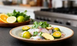 Un plat frais de ceviche de daurade, garni de coriandre, de gingembre et de citrons verts, prêt à être dégusté.