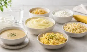 Miękkie jedzenie w dziurze po zębie: puree ziemniaczane, jajecznica, makaron serowy, jogurt, zupa, twaróg, jabłko, banan i woda.