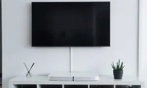 Minimalistyczny salon z telewizorem zamontowanym na ścianie. Pod nim biała szafka z ozdobami i schowkami. Idealna na jakiej wysokości telewizor.
