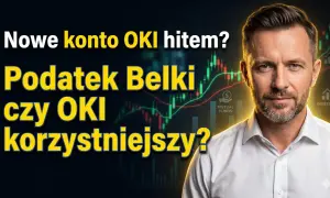 Nowe konto OKI hitem? Podatek Belki czy OKI korzystniejszy? Mężczyzna na tle wykresów giełdowych.