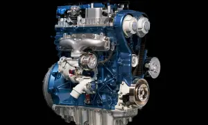 Błękitny silnik 1.6 Ecoboost z turbosprężarką i paskiem rozrządu, gotowy do pracy.