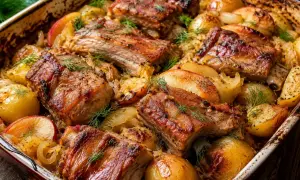 Pyszne żeberka w kapuście z ziemniakami i jabłkami, zapiekane w naczyniu, udekorowane koperkiem.