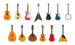 Różnorodne instrumenty strunowe szarpane: gitary akustyczne, elektryczne, basowe, banjo, mandoliny, lutnia i bałałajka.
