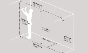 Diagrama ilustra las medidas de armarios: altura, amplitud y profundidad. Un hombre mide el espacio.