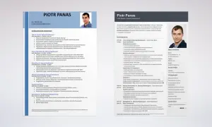 Piotr Panas, lider zespołu operacji bankowych, szuka pracy. Jego CV zawiera pytania na rozmowie kwalifikacyjnej dotyczące doświadczenia i umiejętności.