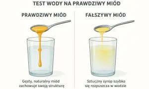 Prawdziwy miód zachowuje strukturę, nie rozpuszcza się w wodzie. Sztuczny syrop szybko się rozpuszcza, pokazując, dlaczego miód się nie krystalizuje.