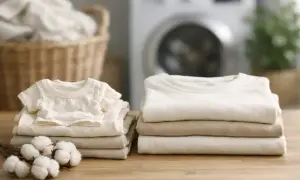 Ein kleiner Baby-Strampler und gefaltete Kleidung aus Baumwolle liegen auf einem Holztisch. Die Frage, ob Baumwolle beim Waschen eingeht, wird hier visuell thematisiert.