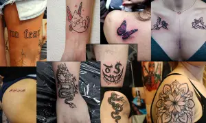 Kolekcja tatuaży: smok, motyl, aniołki, napis "no fear", uśmiechnięta twarz z dolarem, wąż, kwiat. Niektóre z nich mogą być symbolem cierpienia.
