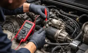 Mécanicien vérifiant le fusible démarreur avec un multimètre rouge dans un compartiment moteur.